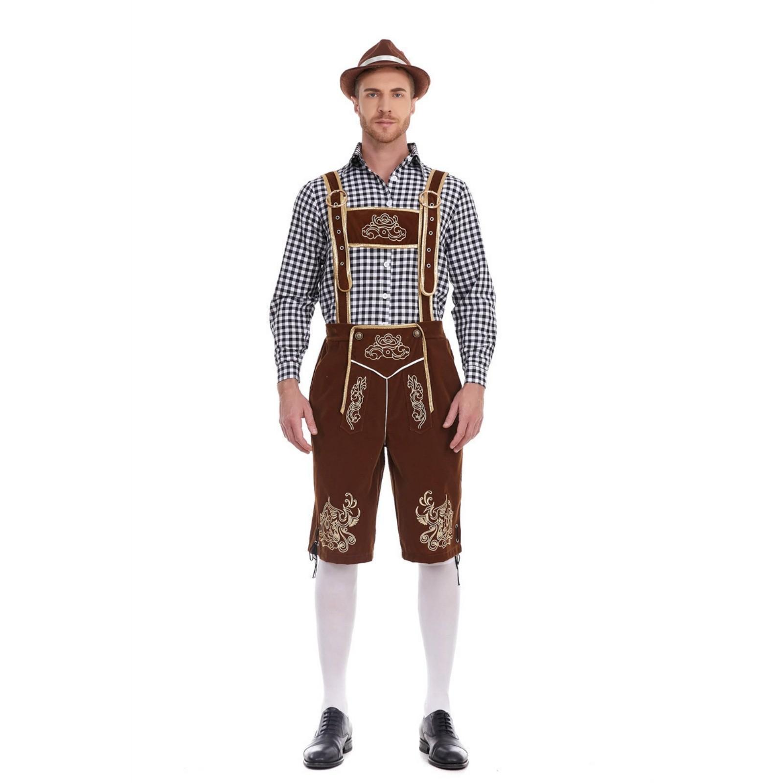 Herren Bayerische Oktoberfest Tracht - Kariertes Hemd & Hosenträgerhose Set XXXL kamelfarben