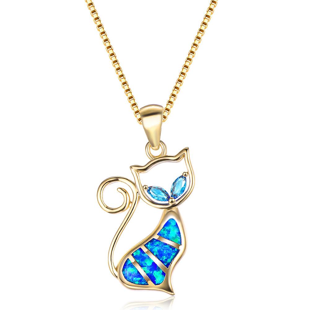 Neue europäische und amerikanische Modeaccessoires Zwei wasserblaue diamantblaue Katzenanhänger-Halsketten
