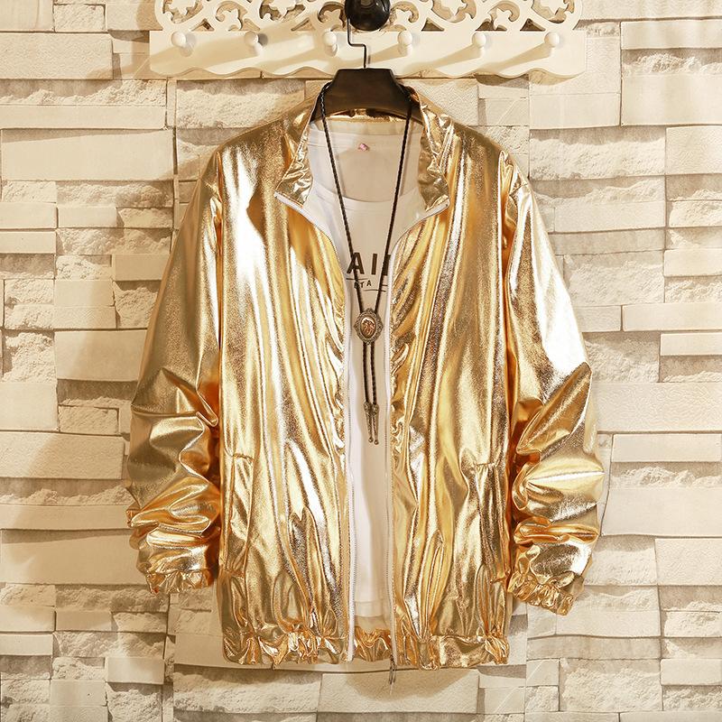 Herren Windbreaker Jacken Nachtclub Bühne Party Jacken Kostüm Streetwear Harajuku Hip Hop Reflektierende Jacke Gold Mode Mäntel XL beige