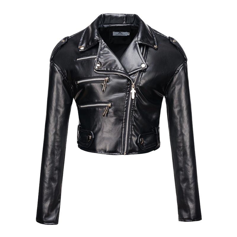 Damen Lederjacke Slim Fit Kurzer Stil Langarm Revers Reißverschluss Lederjacke PU Damen Motorradanzug M schwarz
