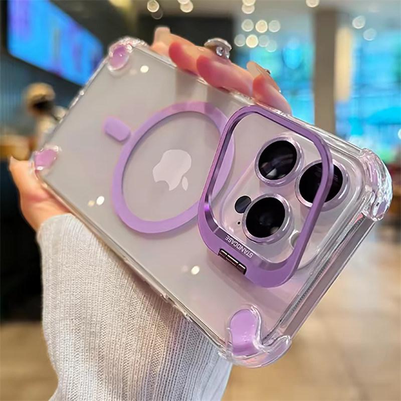 Luxuriöse magnetische stoßfeste Handyhüllen für iPhone17 16 15 14 13 12 Pro Max Plus 11 für Magsafe mit Glas-Linsenschutz Ständerabdeckung iPhone 16 Pro Max violett