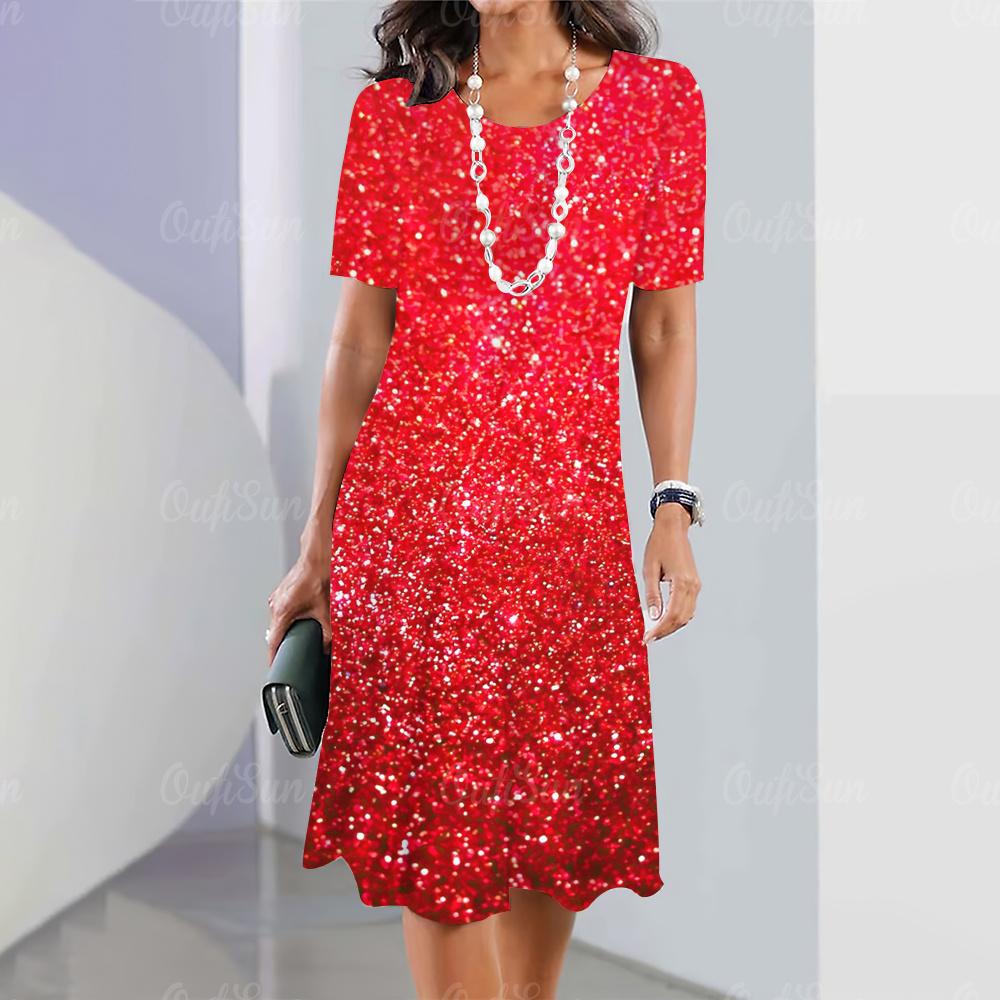 Neue Damenkleider mit Paillettendruck, elegante und schöne Midikleider, Übergröße, weibliches Sommer-Einteilerkleid 7XL red