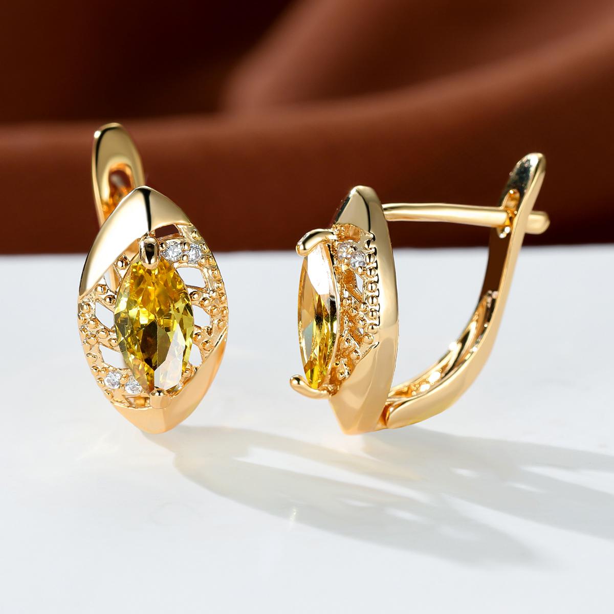 Roségoldfarbene Marquise-Schliff-Ohrringe, Lila, Rosa, Blau, Aqua-Kristall, Hakenohrringe, Geburtsstein-CZ-Tropfen-Ohrringe, hohle Blatt-Ohrringe gelb/gold