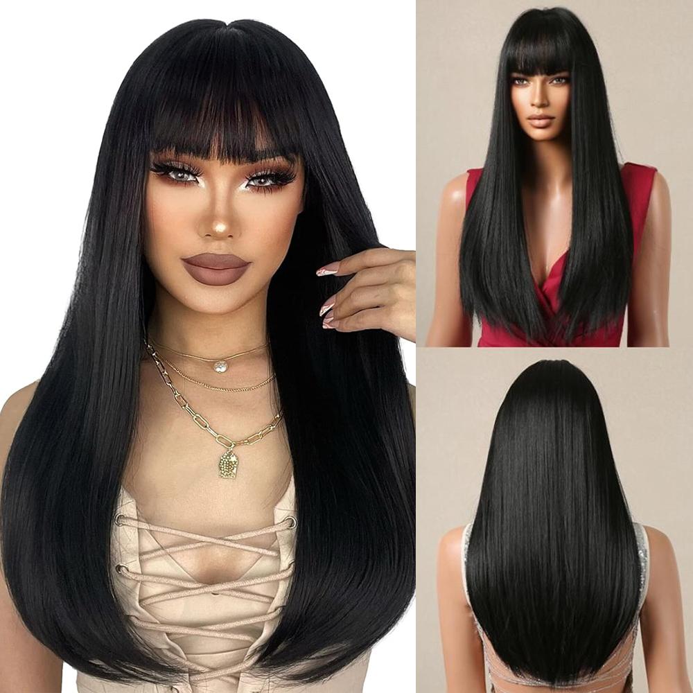 Hellbraune Perücke mit Pony, lange glatte Kunsthaarperücke für Damen, hitzebeständige Perücken, goldene Stufen-Cosplay-Perücke für Partys