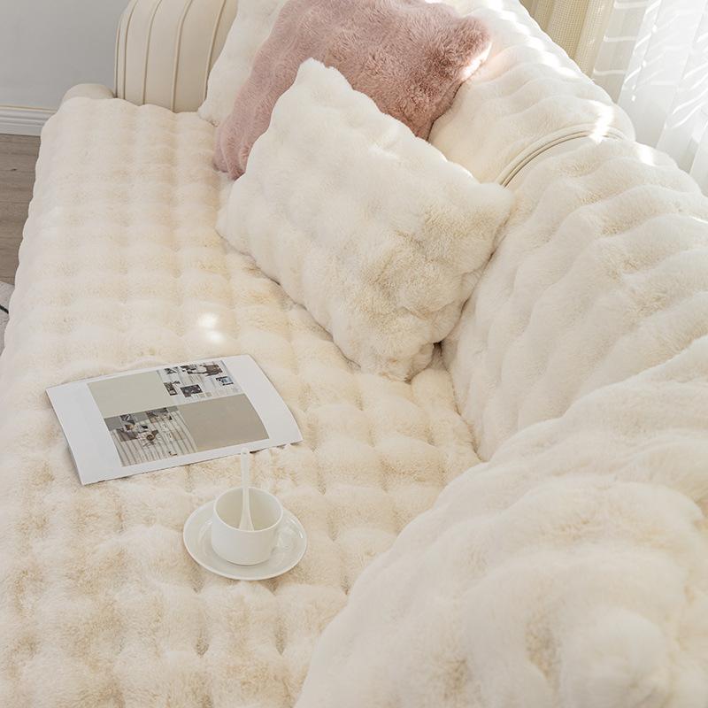 Kaninchen Plüsch Sofa Kissen Winter Gepolstertes Plüsch Kissen Rutschfeste Leder Sofa Abdeckung Abdeckung Tuch Handtuch 90*160cm weiß