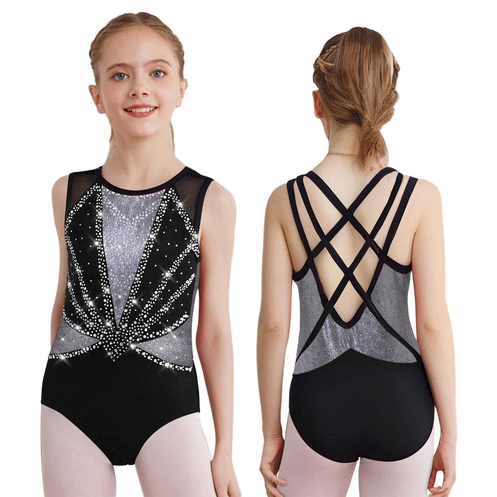 Mädchen Glitzer Strass Tanzbody Ärmellos X-Träger Rücken Tank Bodysuits Eiskunstlauf Uniform Gymnastik Ballett Tanzbekleidung silber/schwarz