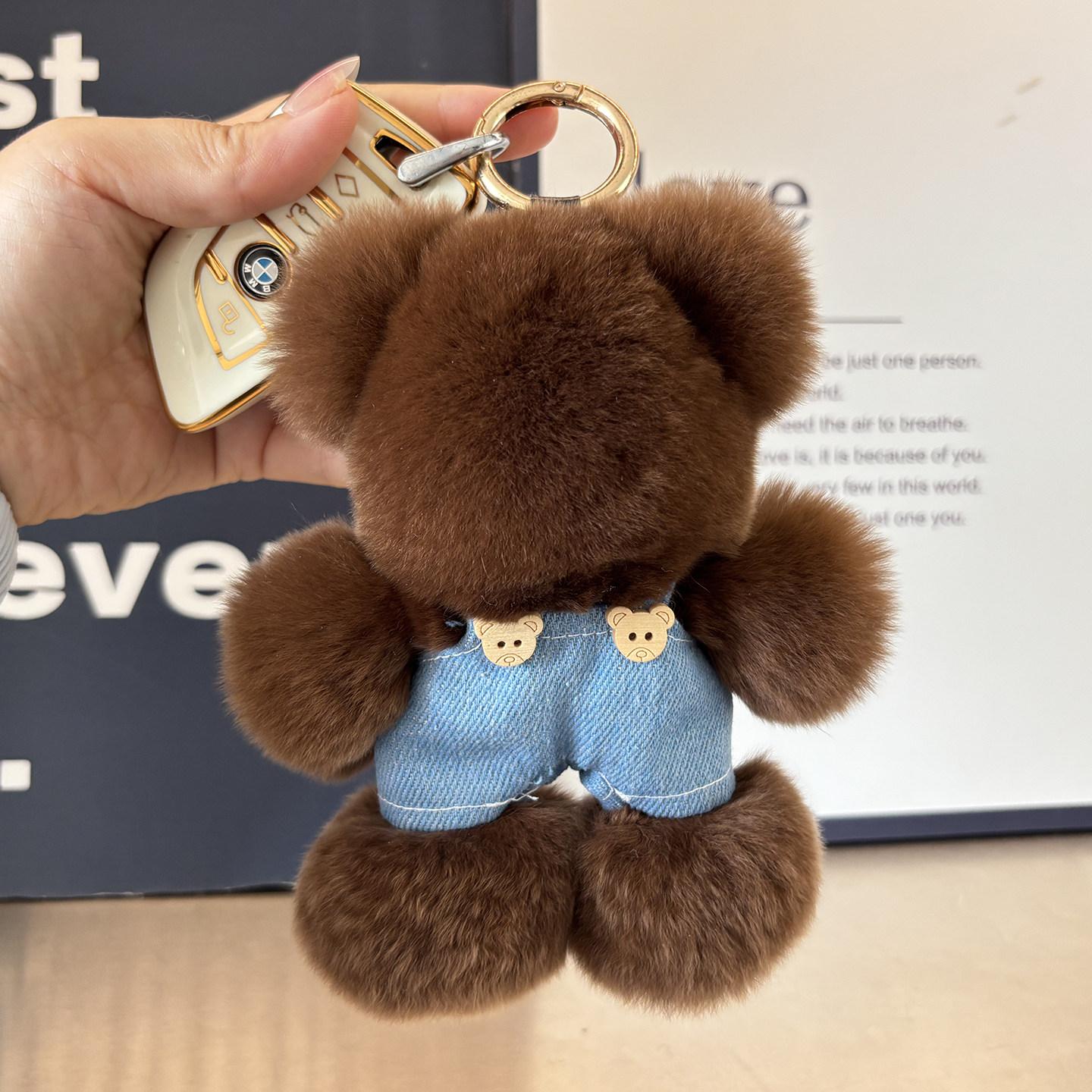 Flauschiger Bär Plüsch Schlüsselanhänger Anhänger Kaninchenfell Schlüsselanhänger Stofftier Schlüsselring für Damen Niedliche Puppe Taschenanhänger Rucksack Schlüsselanhänger Geschenk 15 cm black