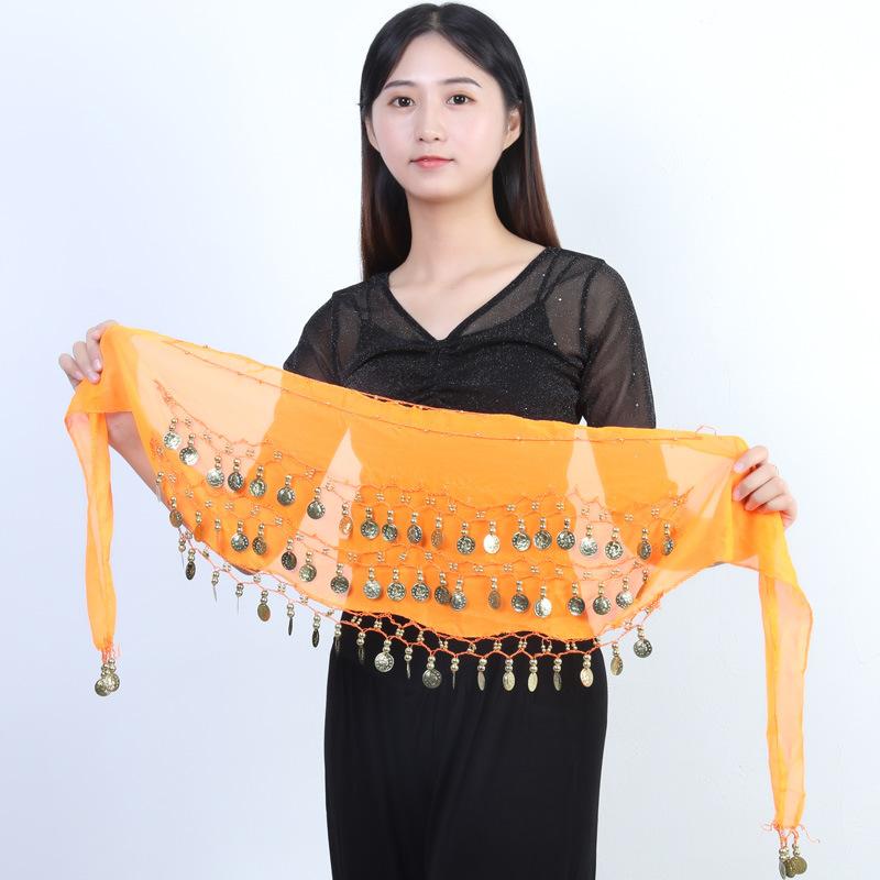 Frauen Bauchtanz Hüfttuch Wrap Taille Kette Gürtel Tanz Rock Kostüm Münzen Dancewear 145cm orange