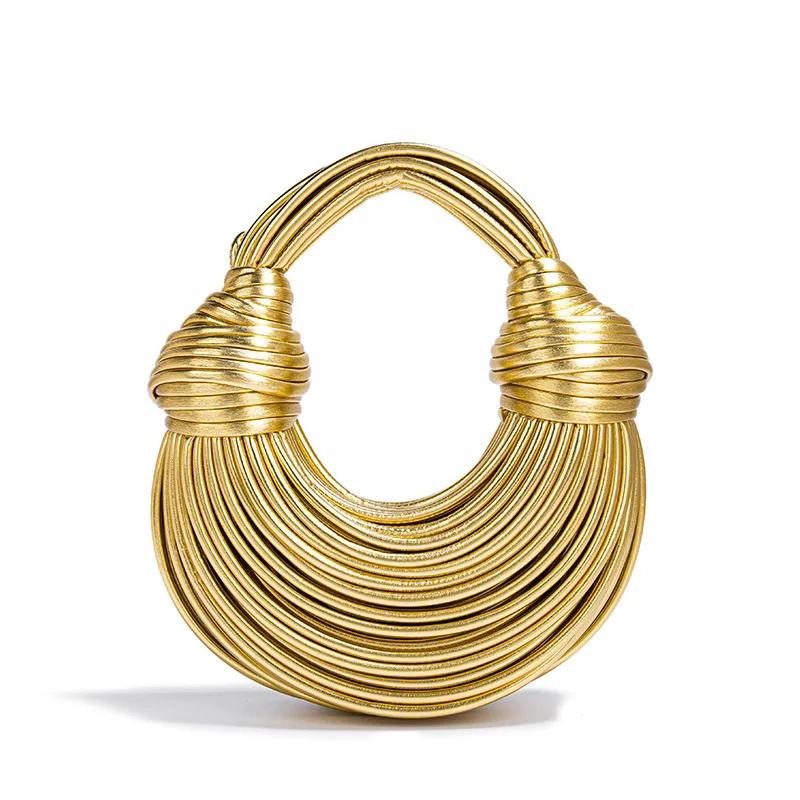 Modische grenzüberschreitende Damen-Handtasche Handgewebte gestreifte Brottasche Geknotete Knödelwolke Handtasche Schräg-Umhängetasche 26x23x9cm gold