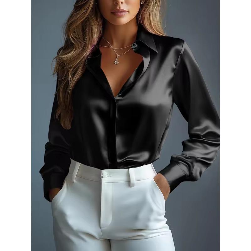 Damen Satinhemden Elegant Schlicht Langarm Bluse Büro Dame Knopfleiste Hemd Oberteil Herbst Weiblich Rundhals Shirts Bluse S schwarz