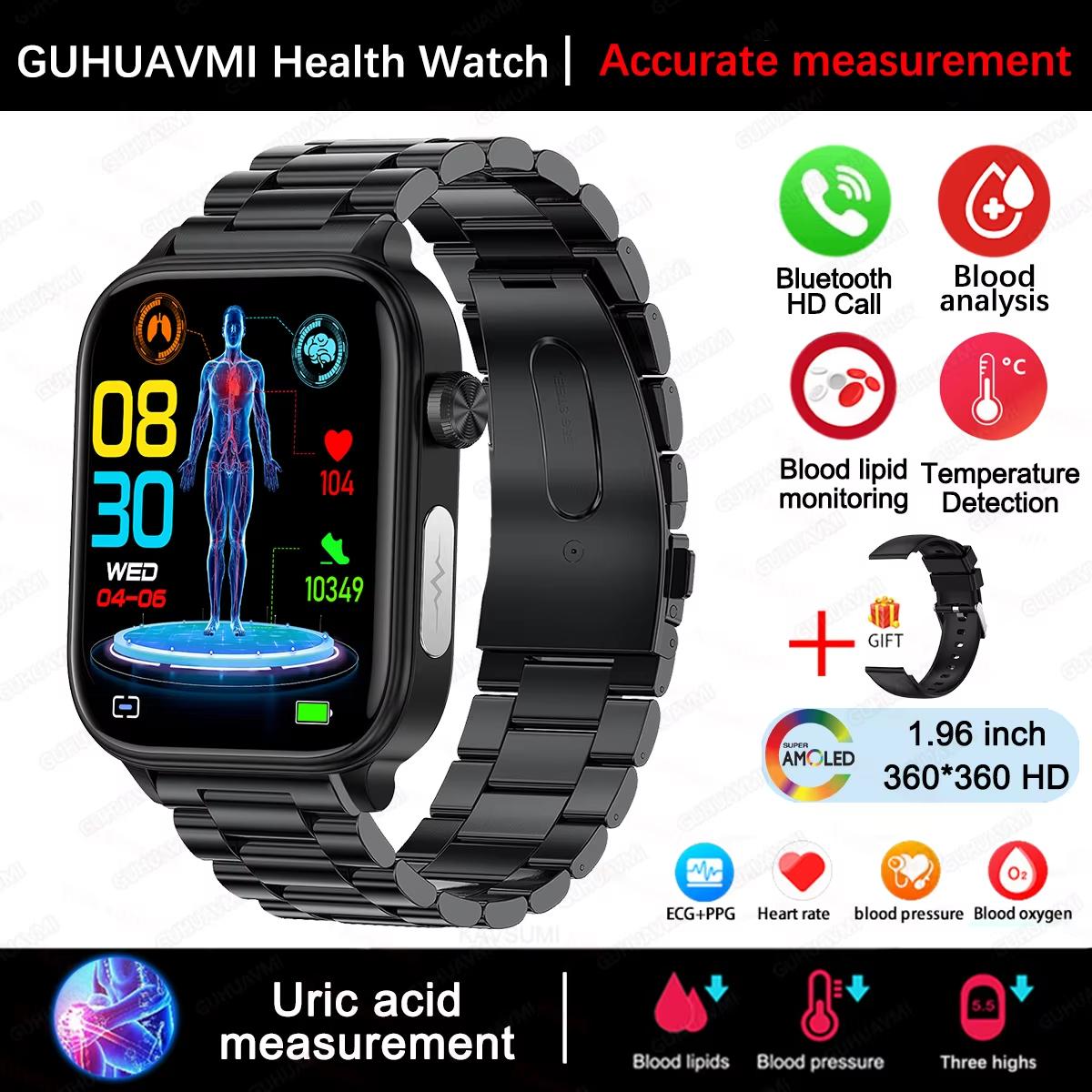 2025 Neue EKG+PPG Blutfett Harnsäure Gesundheits-Smartwatch Herren Damen Herzfrequenz Blutdruck Bluetooth Anruf Smartwatch für iOS Android Black-Steel