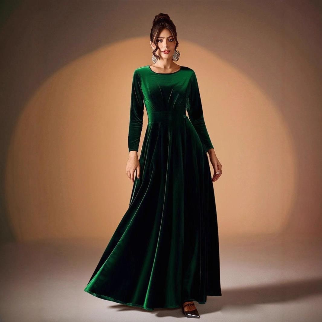 Elegantes Abendkleid Elegantes Damen-Maxikleid aus Samt mit langen Ärmeln für Herbst-Hochzeitsgast Cocktailparty Formelle Veranstaltungen 5XL grün