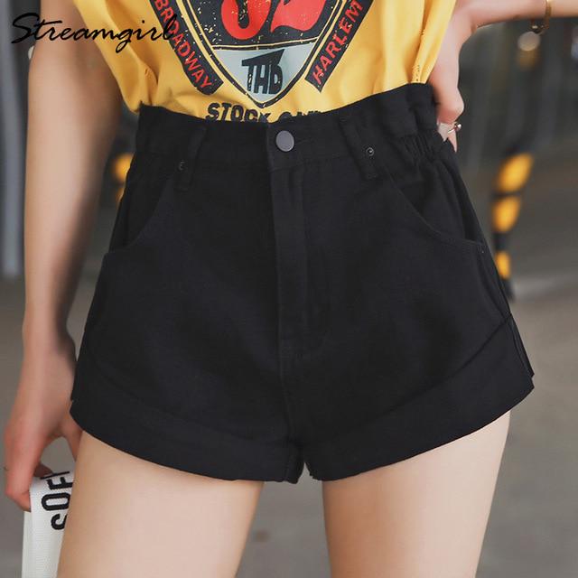 Denim Shorts Damen Weiß Damen Kurze Jeans Khaki Weites Bein Elastische Taille Vintage High Waist Shorts Damen Sommer S schwarz
