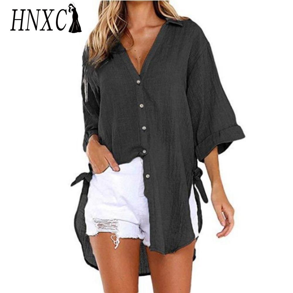HNXC Damenmode Lässig Einfarbig Druck Langarm POLO Kragen Blusen & Hemden XXXL schwarz