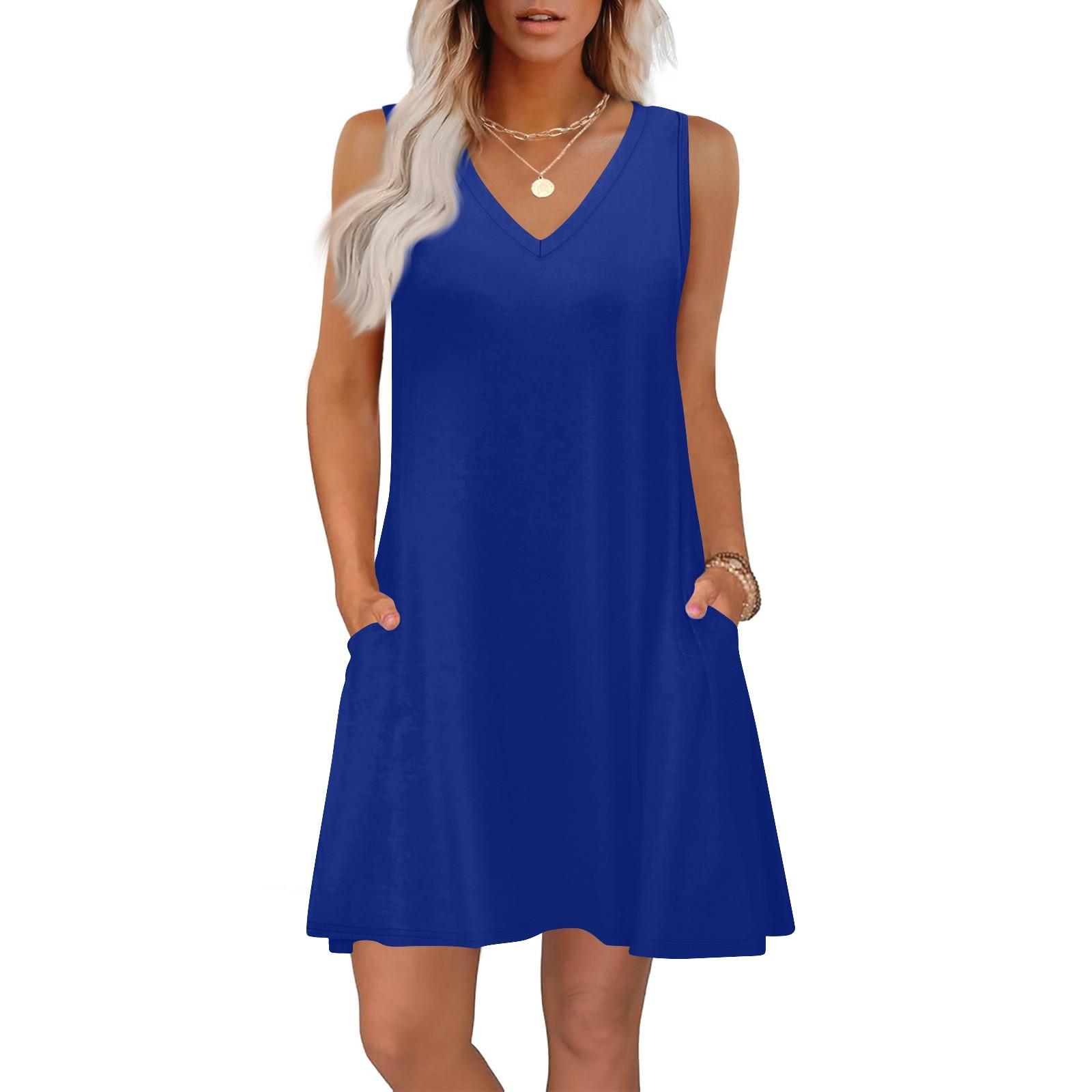 Sommerkleider für Damen, lockere Passform, einfarbig, V-Ausschnitt, ärmellos, Sommerkleider, Strand, Hawaiikleid mit Taschen XXL blue