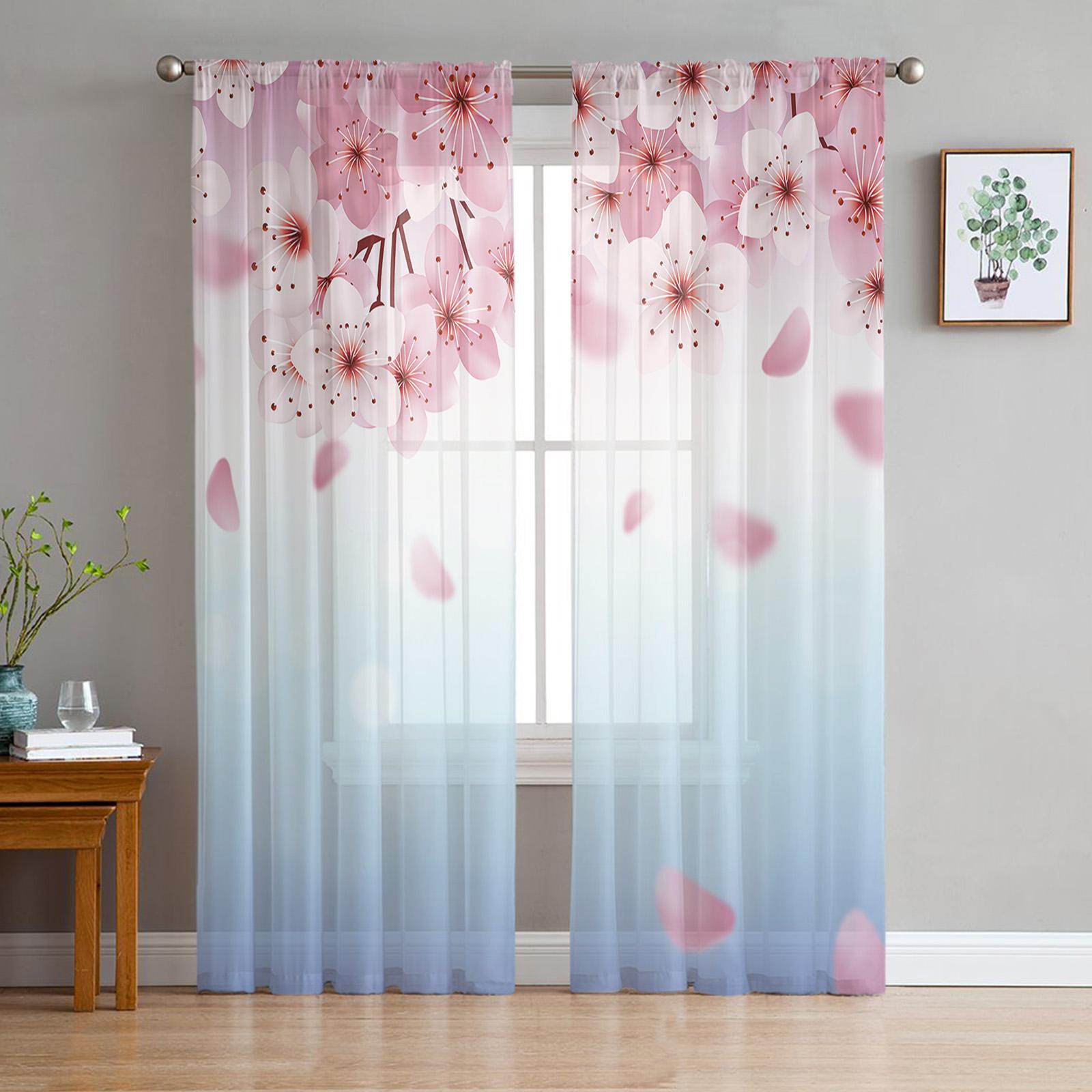 Japanischer Stil Sakura Kirschblüte Rosa Blume Transparente Vorhänge Wohnzimmer Dekoration Fenster Vorhang Küche Tüll Voile Vorhänge W135 x H274cm x1&Rod Pocket