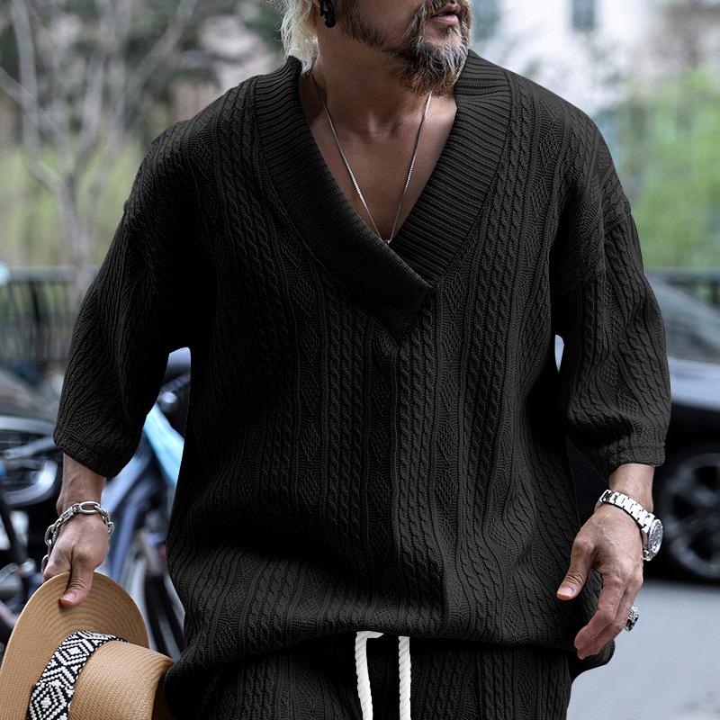 Herren Casual Strick T-Shirt Herren Sommer Lockeres Kurzarm T-Shirt Lockeres V-Ausschnitt Sport Einfarbig T-Shirt Herren L schwarz