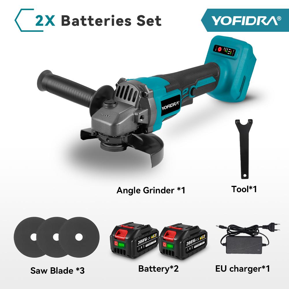 YOFIDRA 125mm Bürstenloser Elektrischer Winkelschleifer – 3-Gang Akku-Schneid- & Schleif-Holzbearbeitungs-Elektrowerkzeug Für Makita 18V Akku 2 Battery