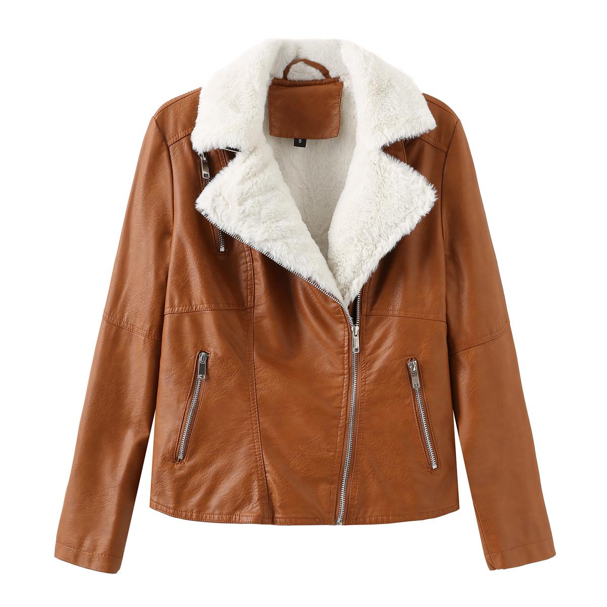 Damenjacken, Kunstleder, abgeschnittener Reverskragen, mit Flanell gefüttert, warmer Kurzmantel, PU-Bomber, Moto-Biker-Outfits, Winter-Herbst-Mode-Outwear M kamelfarben
