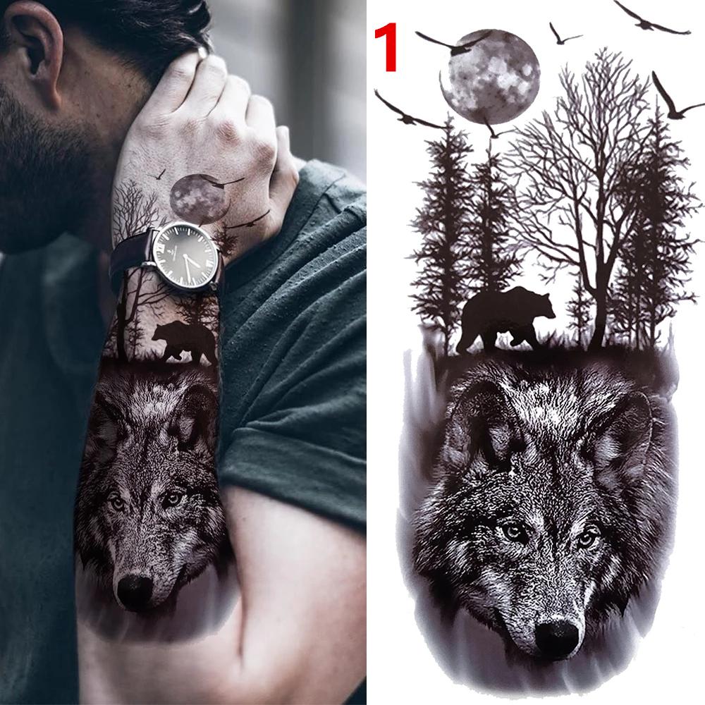 1PC Schwarzwald Tattoo Aufkleber Für Männer Frauen Kinder Tiger Wolf Tod Schädel Temporäre Tattoo Gefälschte Henna Skeleton König tier Tatoo