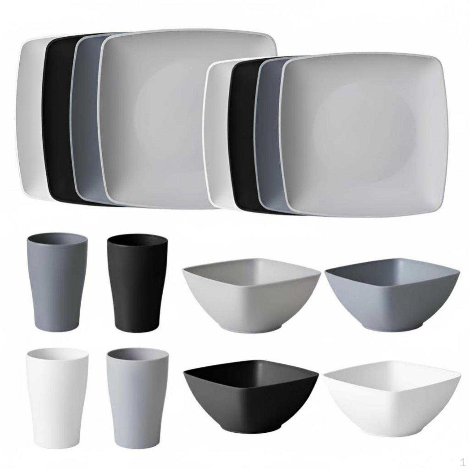 Quadratisches Steak- und Salatschüssel-Geschirrset, Minimalistisch, Mehrfarbig, Mikrowellengeeignet Black White Gray 16-Piece Set