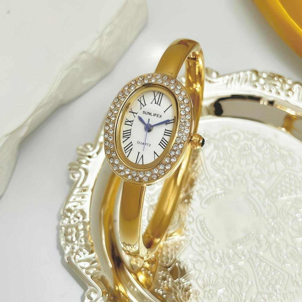 Römische Ziffern Armbanduhr Schmuckverschluss Diamantdekoration Quarz Armbanduhr Quarz Edelstahl Diamantuhr Mädchen beige