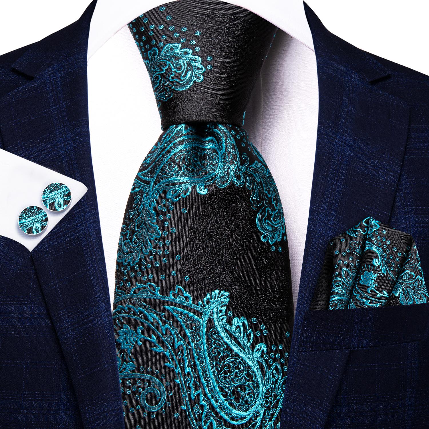 Hi-Tie Paisley Dunkelgrün Schwarz Herren Elegantes Krawatte Einstecktuch Manschettenknöpfe für Smoking Mode Klassisch Seide Luxus Krawatte für Mann gray