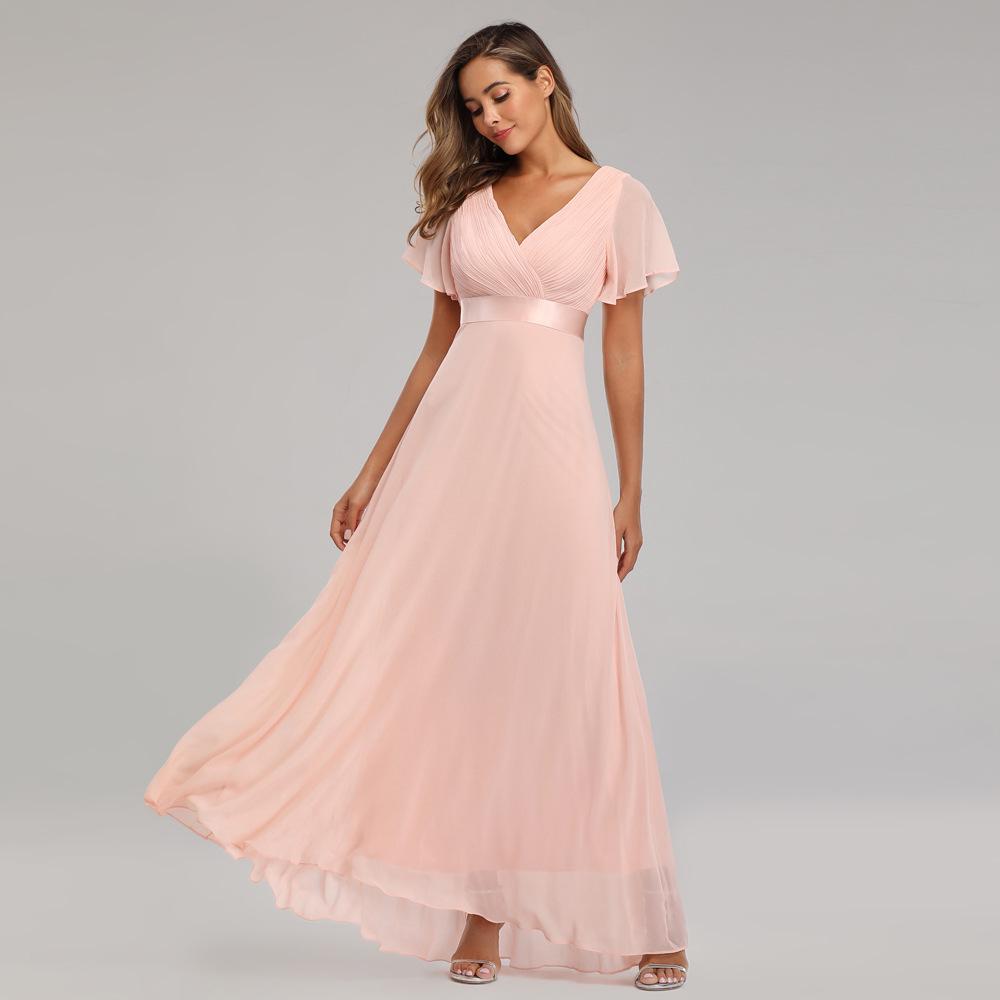 GMXIA Frühling Sommer Handgefaltetes Großes Schwingendes Doppel-V-Ausschnitt Kleid Ausgestellte Ärmel Elastischer Chiffon Bankett Brautjungfer Übergröße Abendkleid M rosa