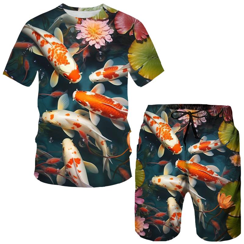 Sommer Koi Karpfen 3D Druck T-Shirts Shorts Sets Herren Trainingsanzüge Übergroßes Kurzarm T-Shirt Hosen Set Herrenanzüge Kleidung L