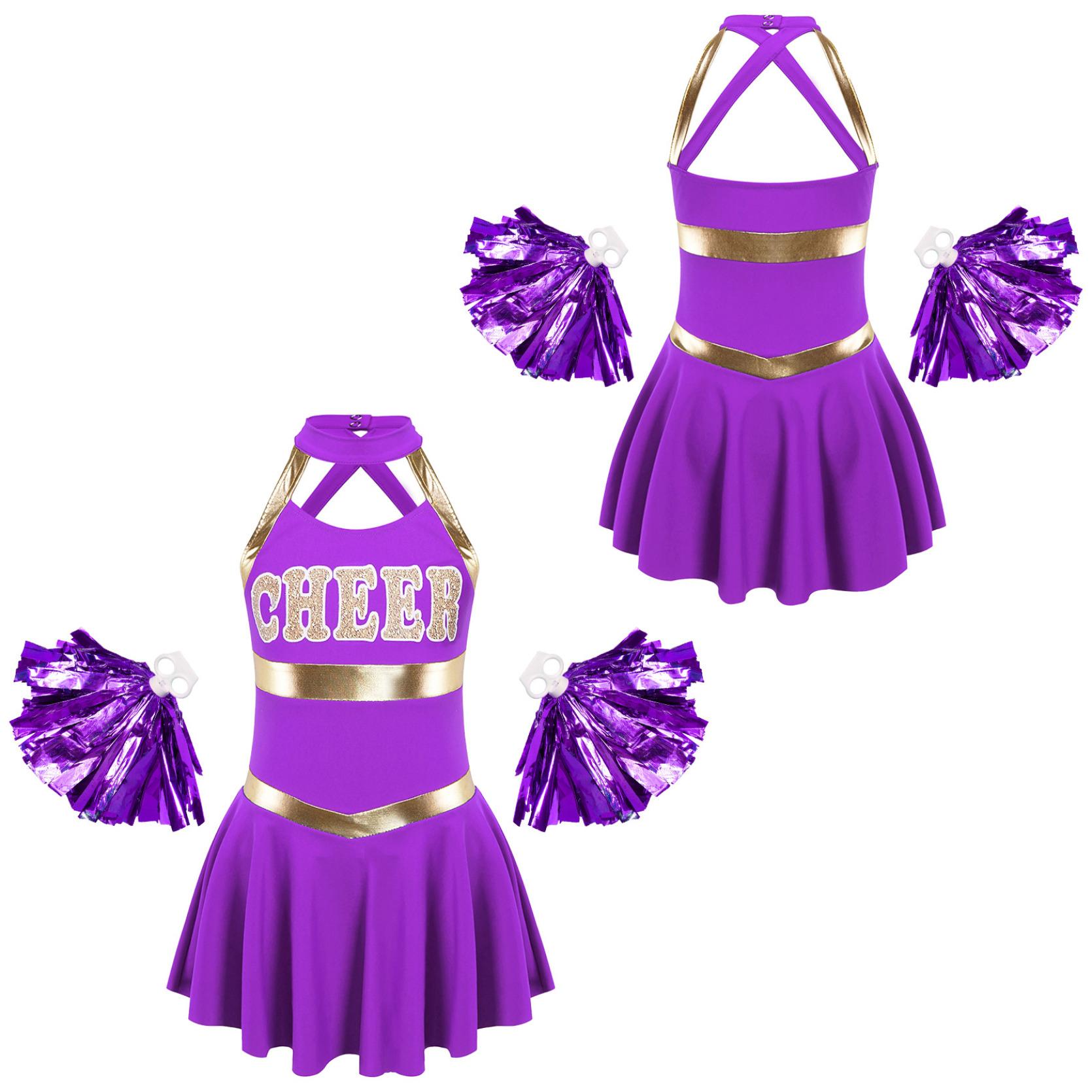 Mädchen Karneval Party Halloween Cosplay Cheerleading Uniform Outfit Ärmelloses Kleid mit überkreuztem Rücken + Blumenbälle 15-16 Years violett