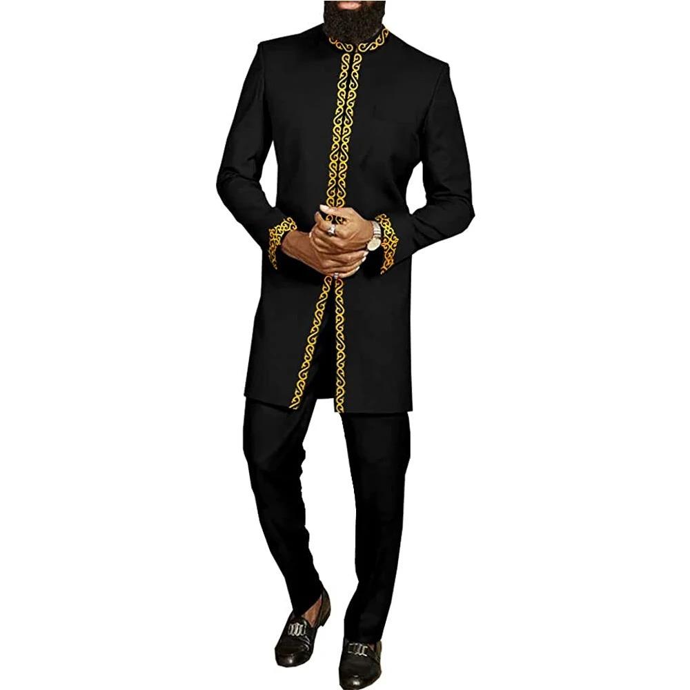 Weißer Kaftan Herrenanzug mit Stickerei, Blumenmuster, Oberteil und Hose, Kaunda-Anzug, lässige Outfits, traditionelles 2-teiliges Set S schwarz