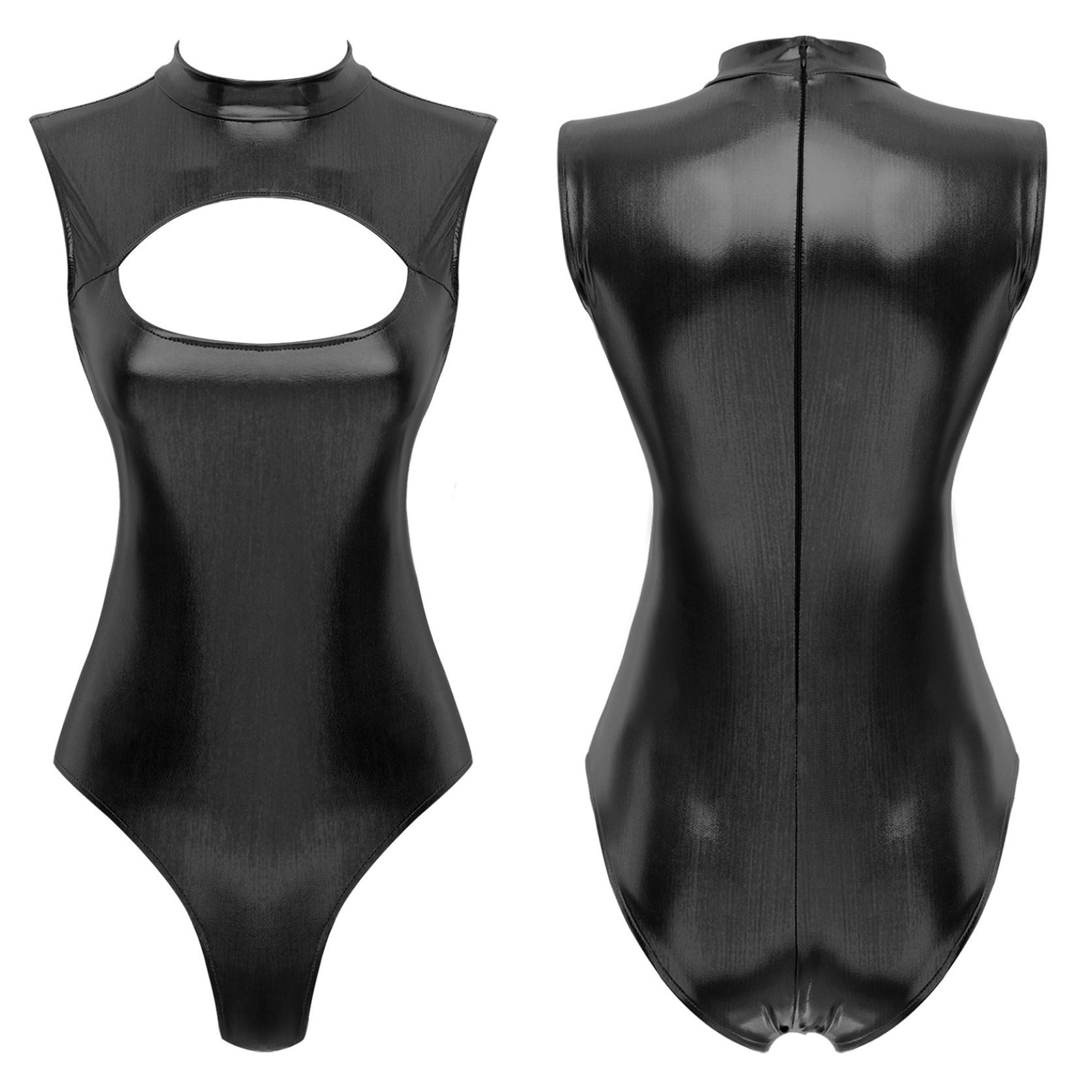 Damen-Bodysuit mit metallischem Ausschnitt vorne und Stehkragen, ärmelloser Catsuit-Trikot, Pool-Party-Badebekleidung S schwarz