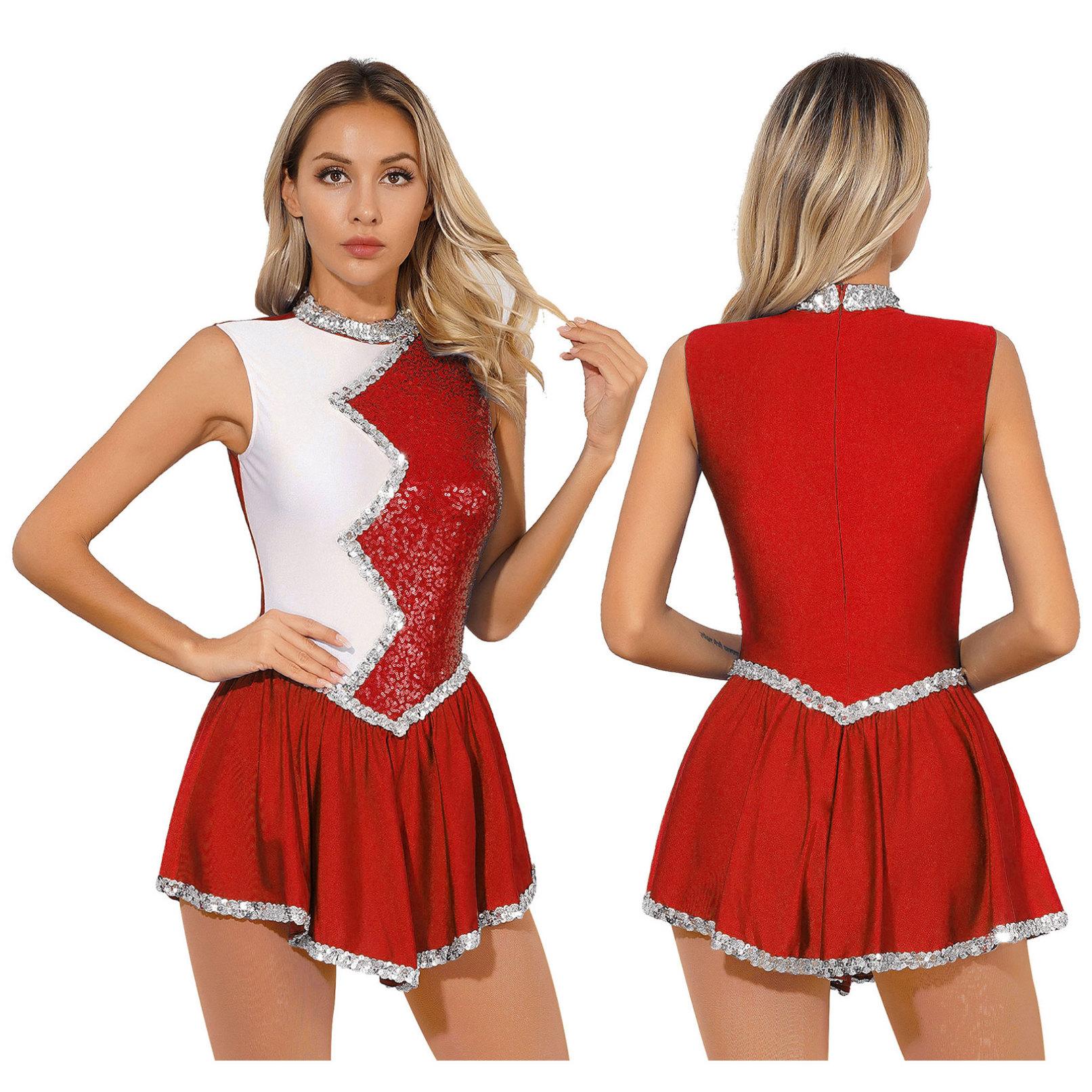 Damen Cheerleading-Uniform mit Glitzer-Pailletten, Cheerleader-Outfits, Eiskunstlauf-Tanzkleid, Performance-Kostüm S rot