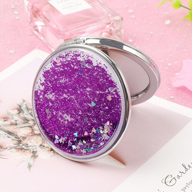 Doppelseitiger tragbarer faltbarer Kosmetikspiegel, weibliche Geschenke mit fließendem funkelndem Sand, Mini-Make-up-Spiegel, kompakter Taschenspiegel Round violett