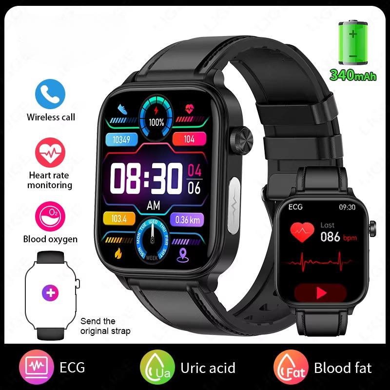2025 Neue EKG+PPG KI Gesunde Diagnose Smartwatch Männer Frauen Blutfett Harnsäure Weibliche Menstruationsgesundheit Tracker Smartwatch Black-Leather