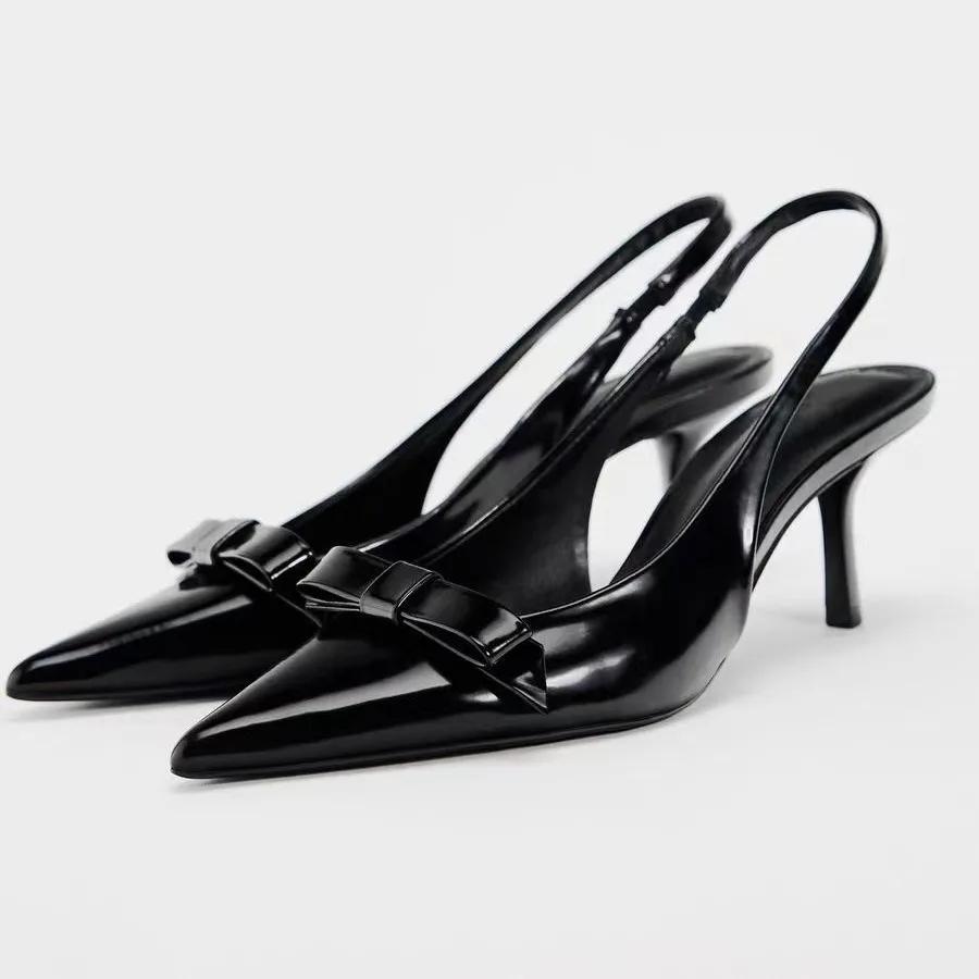 Mode Sommer High Heel Sandalen für Damen Elegant Schleifendekoration Mode Party Hochzeit Slingback Sexy Stiletto Damen Kleiderschuhe 41 schwarz