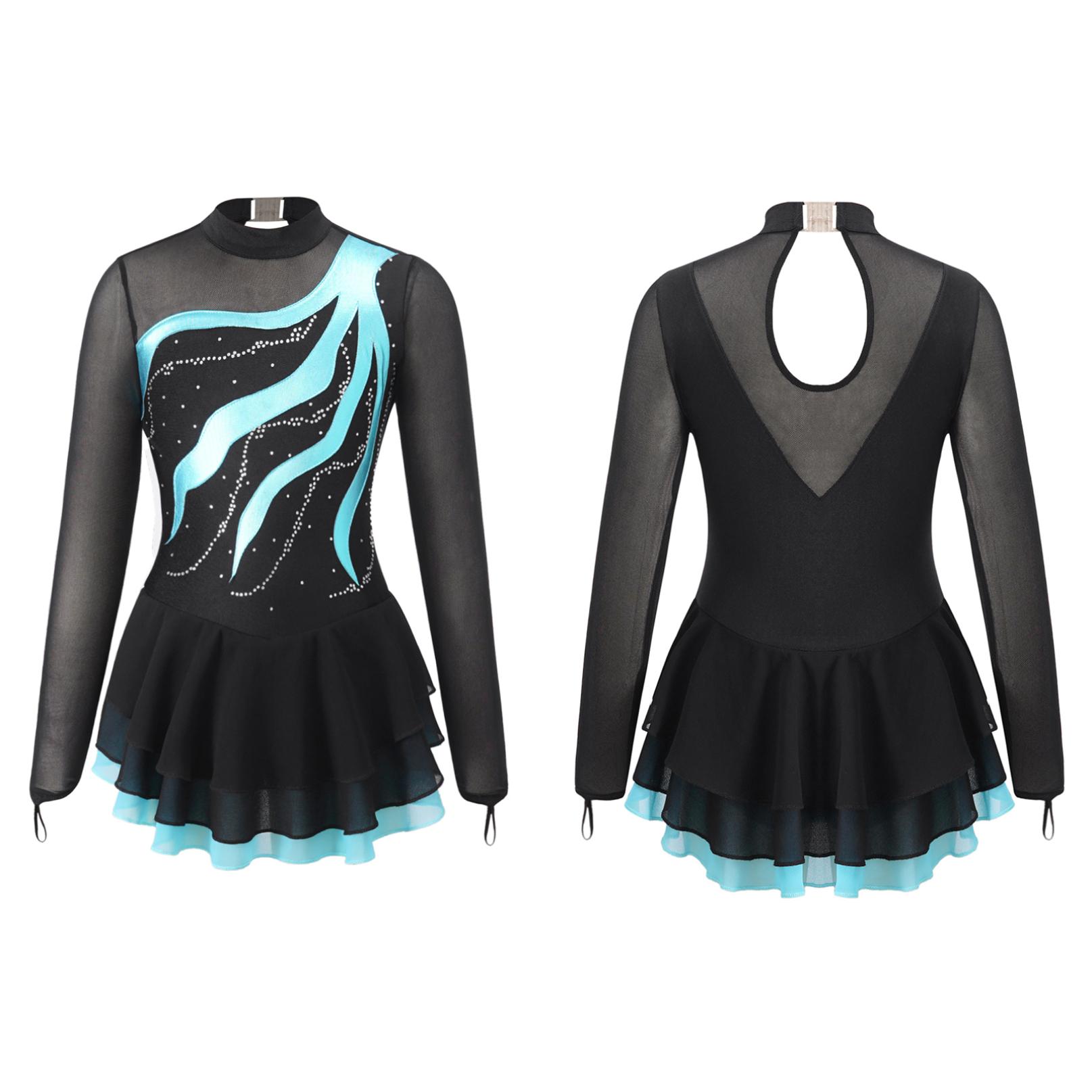 Kinder Mädchen Langarm Eiskunstlauf Kleid Glänzende Strass Mesh Tutu Ballett Gymnastik Tanz Trikot Kleid 11-12 Years see-grüne