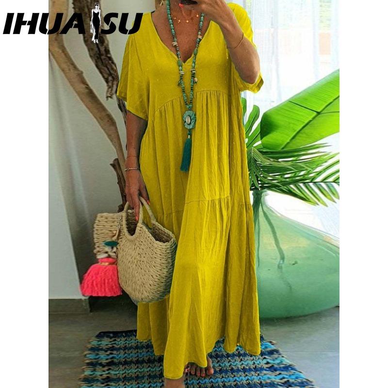 IHUASU Damen Sommer Mode Einfarbig V-Ausschnitt Übergröße Kleid Locker Lang Übergroß Lässig Kurzarm Kleid XXXXXL gelb