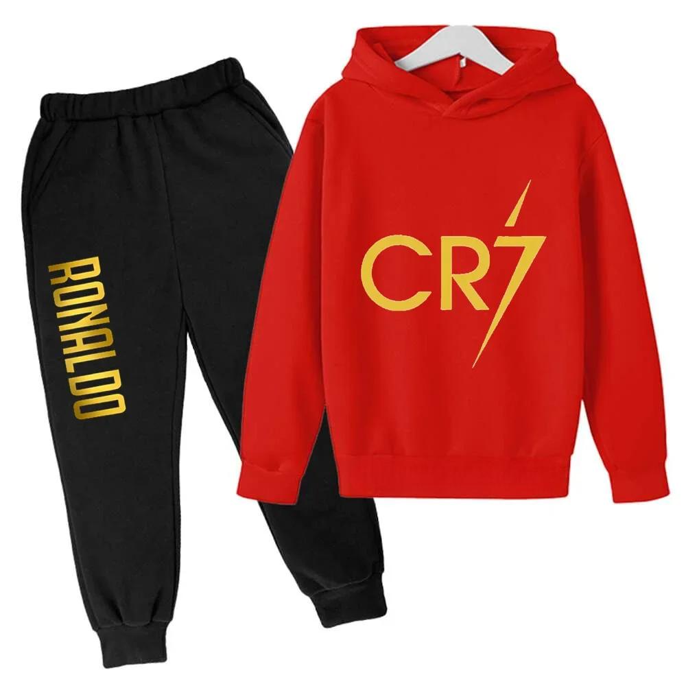 Ronaldo CR7 Druck Fußball Idol Kleidung Kinder Kapuzenpullover 2er Set Hosen Anzug Kinder Jungen Trainingsanzug Mädchen Kleidung Sport Trainingsanzüge 100 black