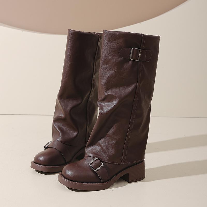 Mode Vintage Dicke Absätze Damen Kniehohe Stiefel Mode Damen Gürtelschnalle Ritter Lange Stiefeletten botas de inverno feminina 35 braun