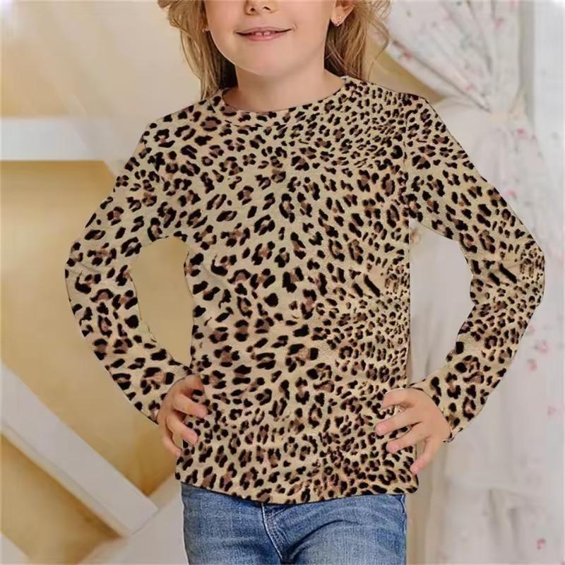 Mädchen Kleidung Mädchen T-Shirt Langarm Tigerfell Leopardenmuster 3D-Druck Kinder Herbstkleidung Mode Kreativ Junge Mädchen O-Ausschnitt Oberteil 120