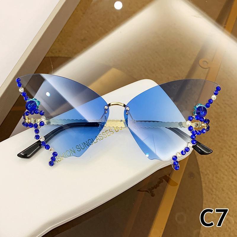 Diamant Schmetterling Sonnenbrille Frauen Vintage Randlose Übergroße Cat Eye Gradient Sonnenbrille Damen Brillen blau
