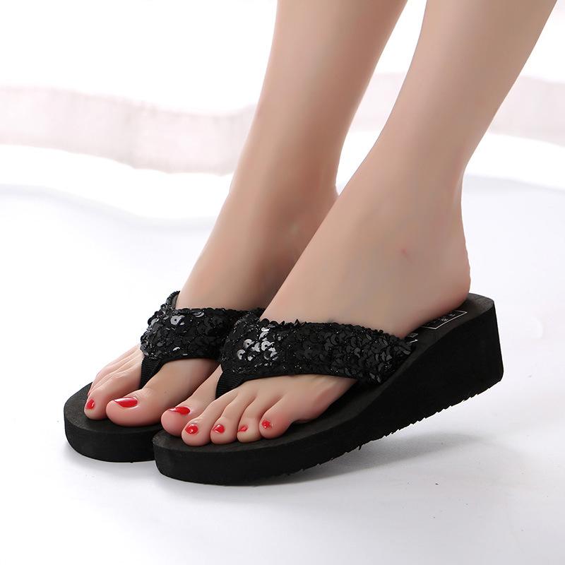 Damen Bling Flip Flops Strand Sommer Strass Flip Lässige Keilabsätze Zehensandalen Schuhe Mode Hausschuhe für Damen Schick 36 schwarz