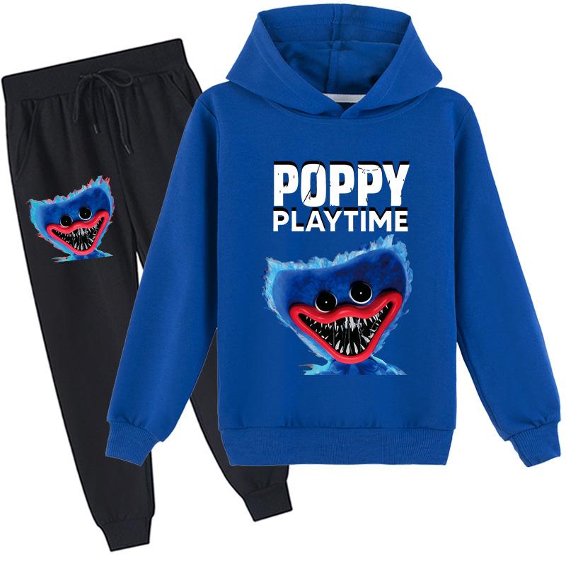 3D-Hoodie-Set für Kinder Huggy Wuggy Pullover-Trainingsanzug Poppy Playtime Kinderpullover + Hose 130cm ultramarin blau