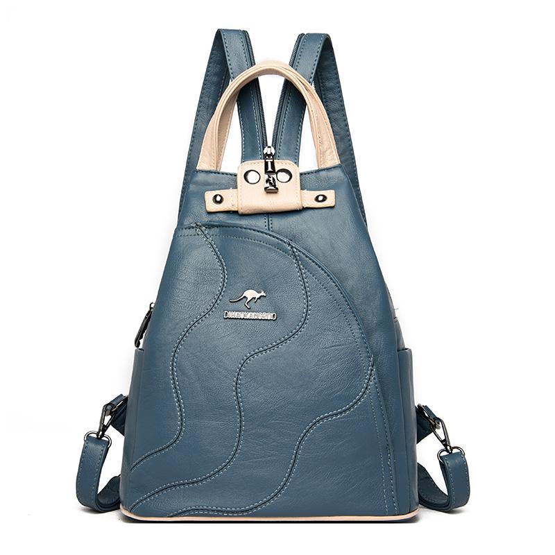 Hohe Qualität Patchwork Weichem Leder Rucksack Mode Schule Taschen Für Mädchen 2023 Multifunktionale Taschen Damen Rucksäcke Sac a Main blau