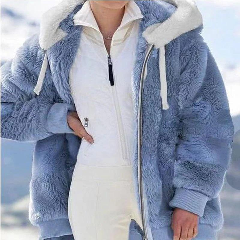 Wintermode Damenmantel Lässig Mit Kapuze Reißverschluss Damenkleidung Kaschmir Damen Fleecejacke Einfarbig Damenmäntel XXS blau