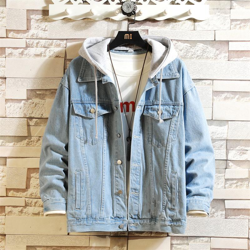Herren Jeansjacke Baumwolle Locker Kapuze Jeans Oberbekleidung Mantel Uni Jeansjacke Herren Lässig Paar Streetwear Übergröße 4XL hellblaue