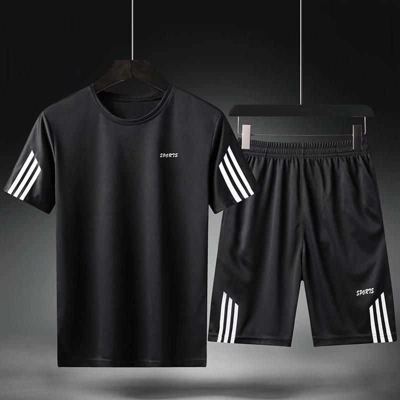 Casual Anzug Jogginghose Sommer Solide Streifen Trainingsanzug Zwei Stück T-shirts + Shorts Herren Sportswear Jogger Slim Fit Sportsuit L schwarz