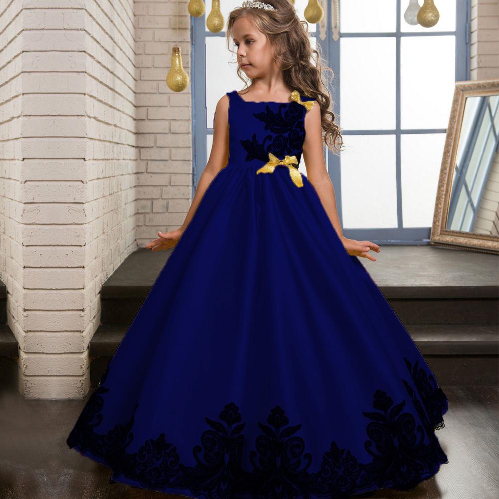 Hochwertiges Kinder-Mädchen-Hochzeitskleid mit Stickerei, Prinzessin, Party, Festzug, formelles Kleid, ärmellos, Seidentüll 150 blau
