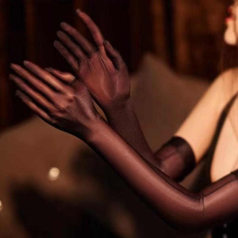 Rutschfeste, glänzende, seidige Handschuhe, lange Handschuhe, Fäustlinge, sexy, ultradünn, ölglänzend, seidig, transparent, Party-Handschuh, erotisches Accessoire für Damen one size schwarz